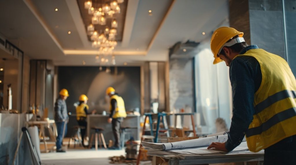 Equipe de engenharia e eletricista revisando plantas, planejamento da Instalação Elétrica.
