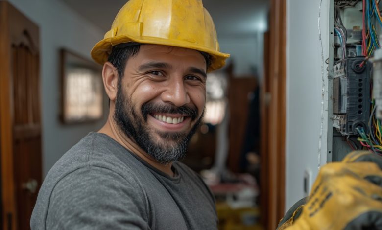 Instalação Elétrica: Eletricista qualificado e sorrindo, inspira confiança no painel.