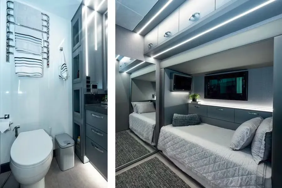 Banheiro completo e beliches compactas, otimização de espaço no Motorhome de R$ 3,3 Milhões.