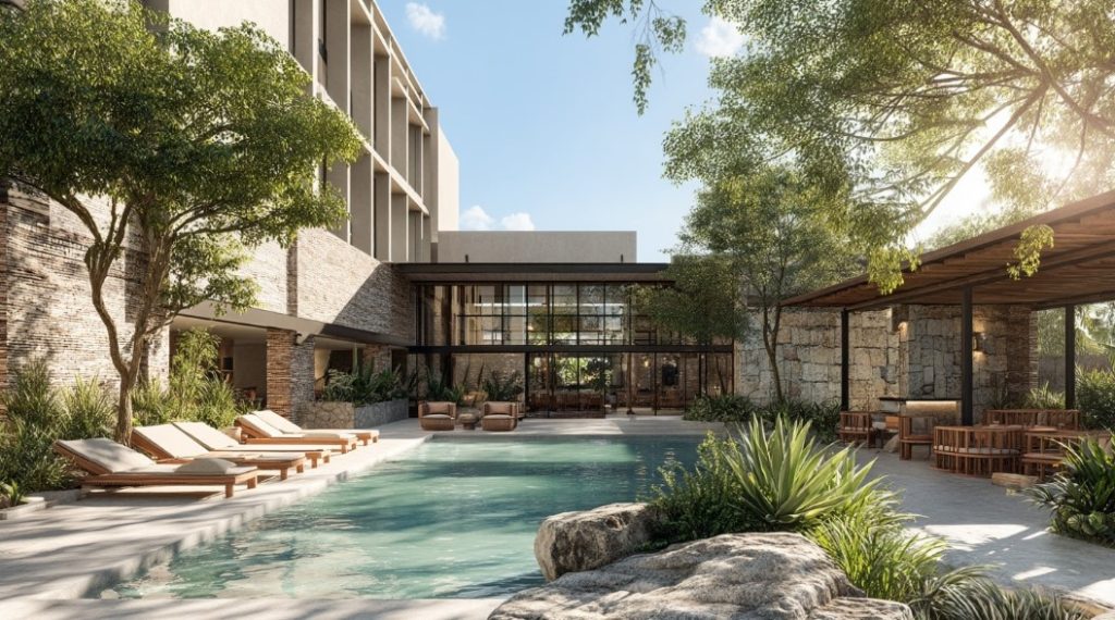 Área de lazer com piscina e paisagismo natural, diferencial do Condomínio Fechado de Luxo.