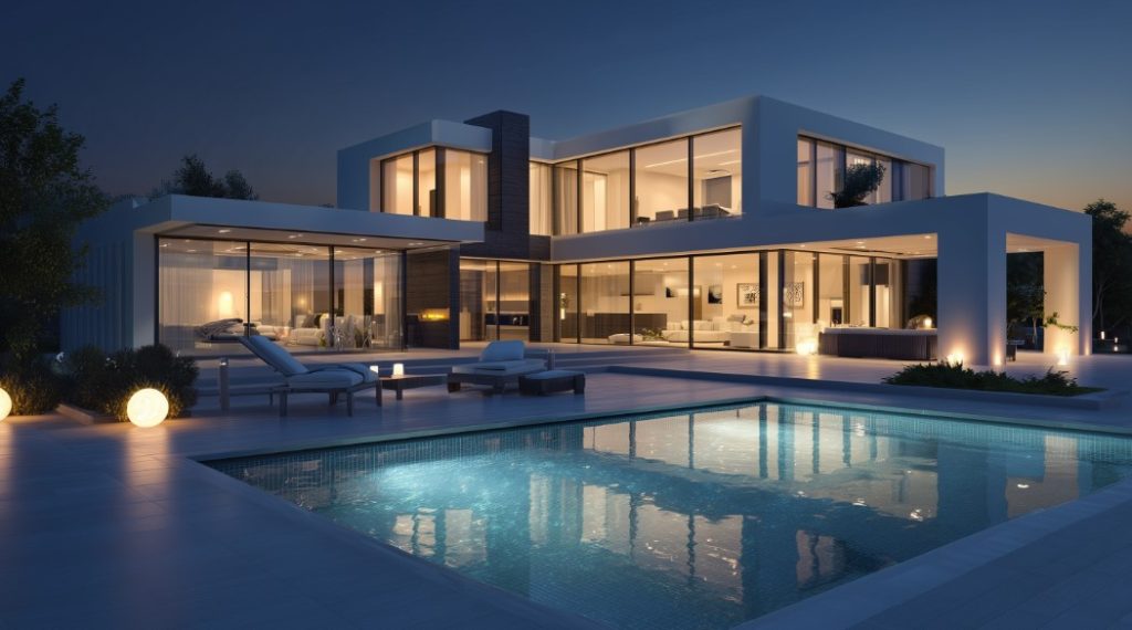 Casa com design clean e piscina iluminada, padrão de Condomínio Fechado de Luxo.
