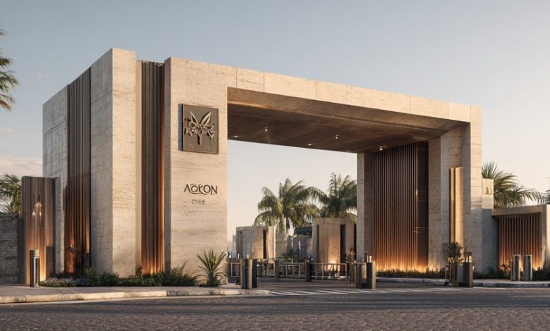 Entrada imponente de concreto, pedra e madeira, portaria de Condomínio Fechado de Luxo.