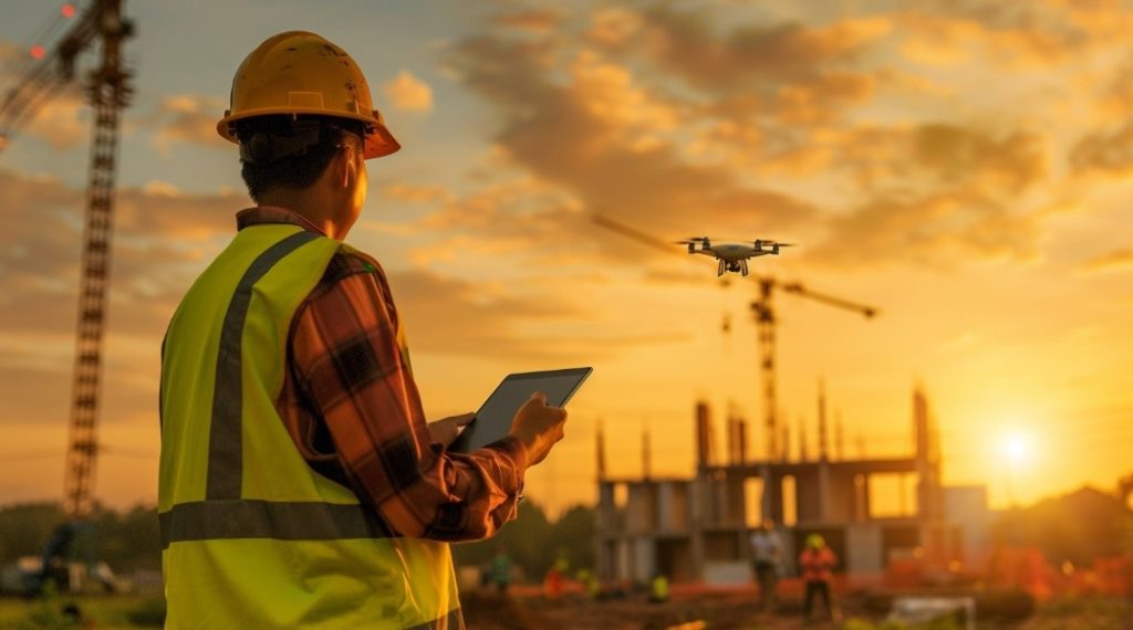 Engenheiro supervisionando a obra com drone, a tecnologia por trás de Obras de Qualidade.