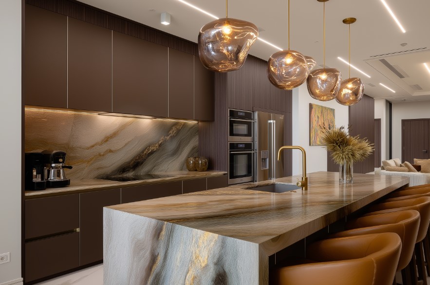 Cozinha de luxo com bancada e backsplash de pedra exótica, prova de Obras de Qualidade.