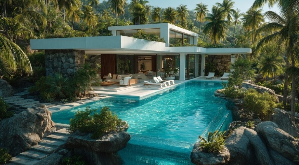 Piscina em Residência de Luxo ampla, em meio a palmeiras e natureza tropical.