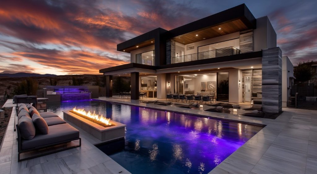 Piscina em Residência de Luxo com fire pit e iluminação LED ao pôr do sol.