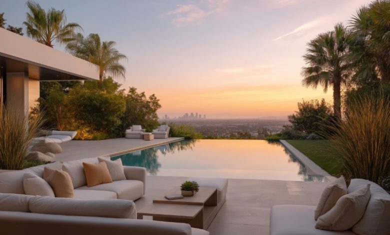 Piscina em Residência de Luxo de borda infinita com vista panorâmica da cidade ao pôr do sol.