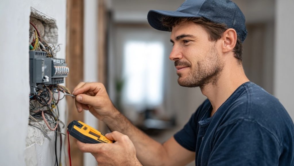 Eletricista Residencial Profissional testando fiação com multímetro durante a obra.