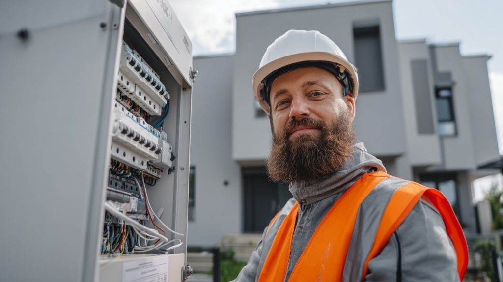Eletricista Residencial Profissional em frente ao quadro, com casa moderna no fundo.