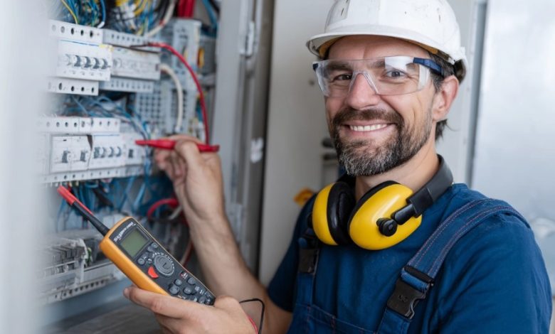 Eletricista Residencial Profissional sorrindo e usando EPI em painel elétrico.