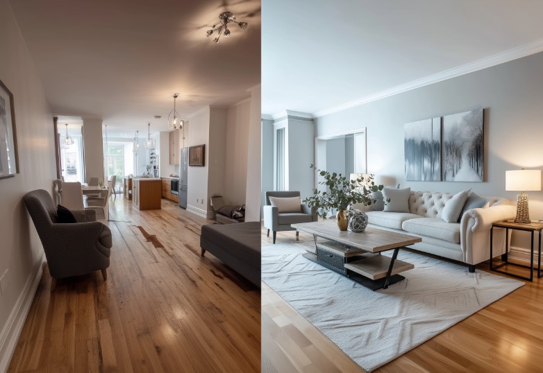 Preço de Eletricista: Antes e depois da reforma, mostrando o impacto da iluminação.