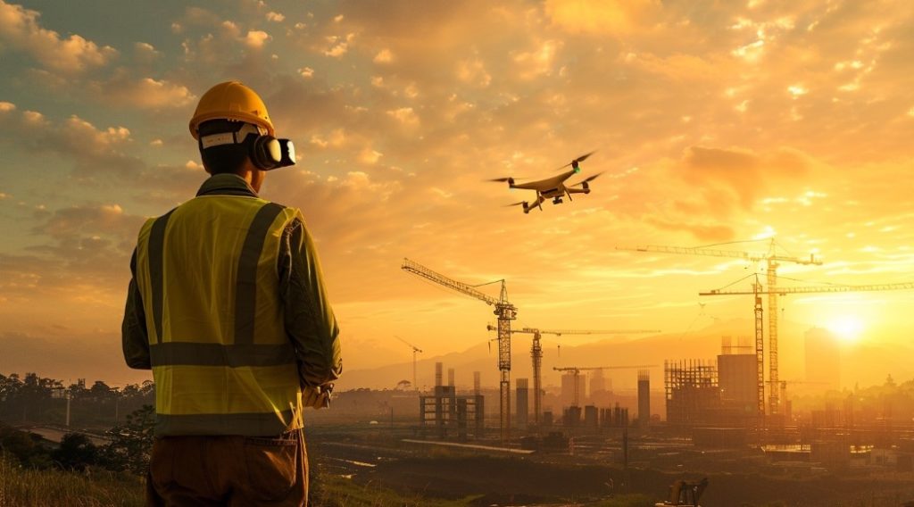 Engenheiro usando VR e drone para supervisionar a obra, melhorando a Produtividade na Construção Civil.