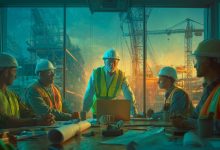 Reunião de engenheiros e mestres de obra para aumentar a Produtividade na Construção Civil.