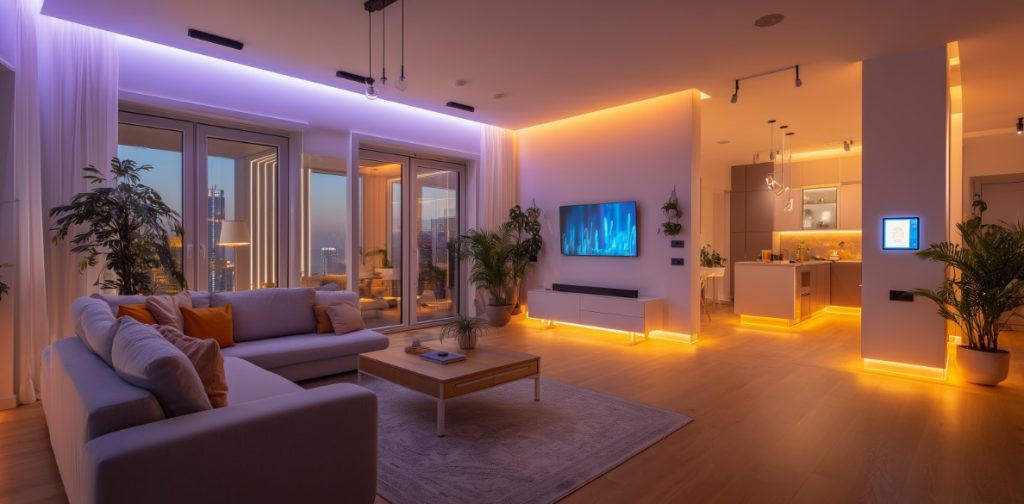 Serviços Elétricos Residenciais e Comerciais: Sala com luzes de LED e automação colorida.